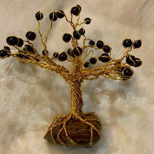 Handmade wire and bead miniature tree on stone base 6” tall